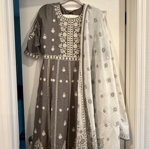 Charcoal Grey Anarkali-Style Suit Set + White Printed Dupatta (Gently Worn)